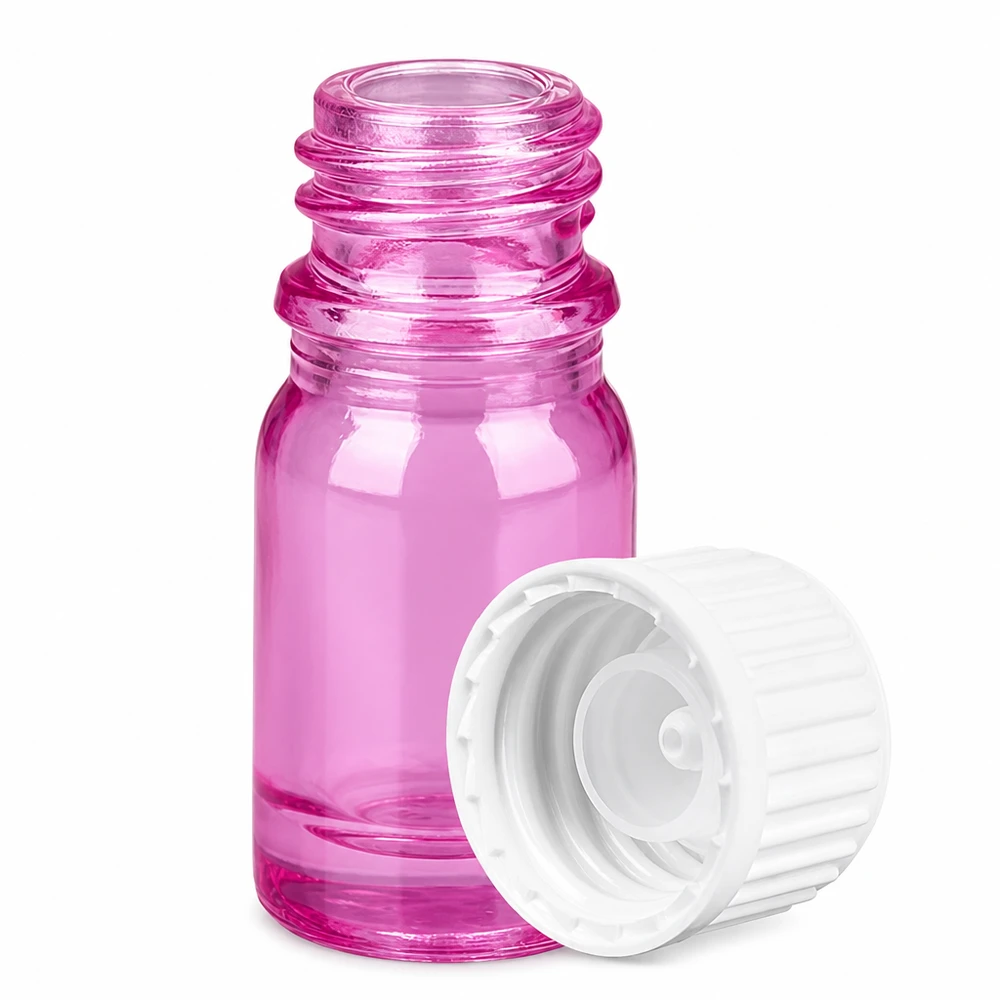 Butelka 5 ml (kuleczka) 3 mm pierścień do nalewania biały standardowy PurpleLine UT18/5 Mała szklana buteleczka o pojemności 5 ml w kolorze różowym z gwintem i białą nakrętką do aromaterapii i perfum.
