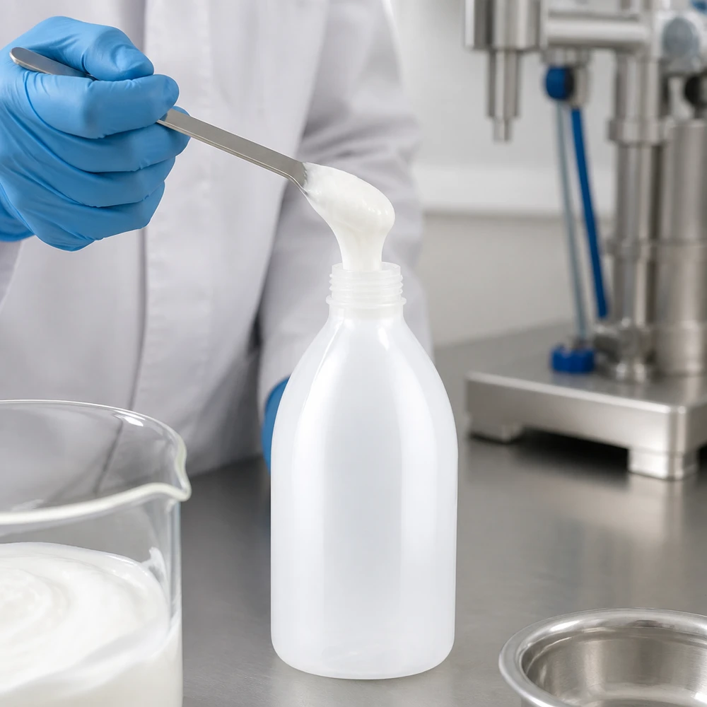 Butelka laboratoryjna o pojemności 1000 ml z wąską szyjką, bez zamknięcia, podczas napełniania białą, kremową substancją
