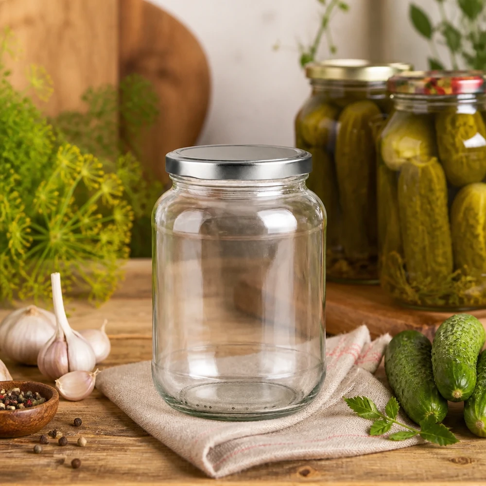 370 ml słoik owalny z pokrywką BasicSeal, srebrny UN.. 370ml Ovalglas mit BasicSeal Deckel neben eingelegten Gurken und Dill - ideal zum Einkochen und Konservieren