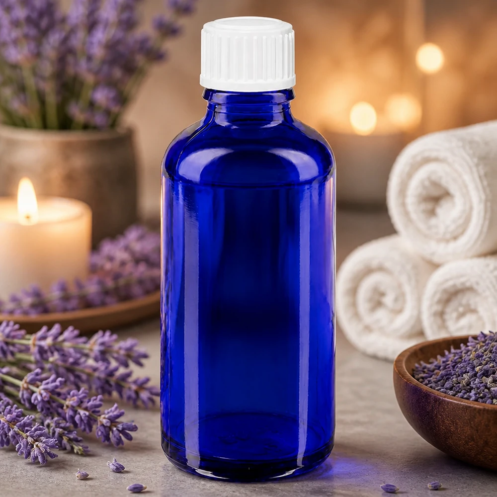 Butelka apteczna niebieska 50ml zakraplacz biały 0,8mm szt. Niebieska butelka z zakraplaczem ApoGlas o pojemności 50 ml z białą zakrętką obok kwiatów lawendy i świec