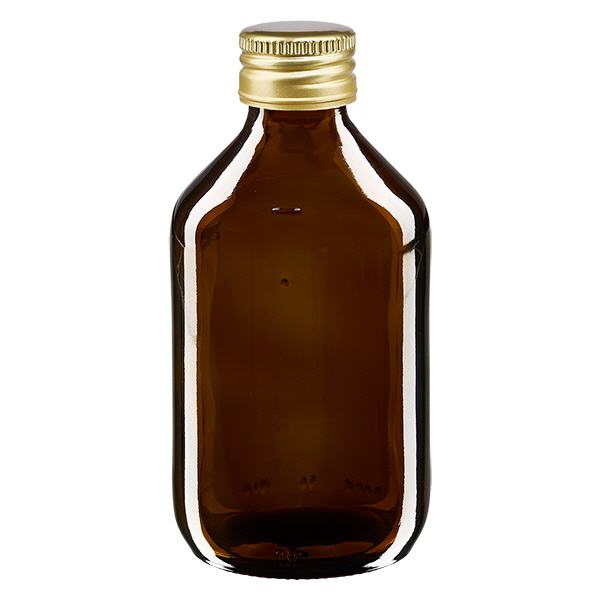 Butelka na lek 250 ml, brązowa, ze złotą aluminiową zakrętką ApoGlas. Farmaceutyczna jakość produkcji UE. Gwint 28 mm (PP28). (syrop, butelka z lekkiego szkła) Butelka na lek 250 ml, brązowa, ze złotą aluminiową zakrętką ApoGlas. Farmaceutyczna jakość produkcji UE. Gwint 28 mm (PP28). (syrop, butelka z lekkiego szkła)