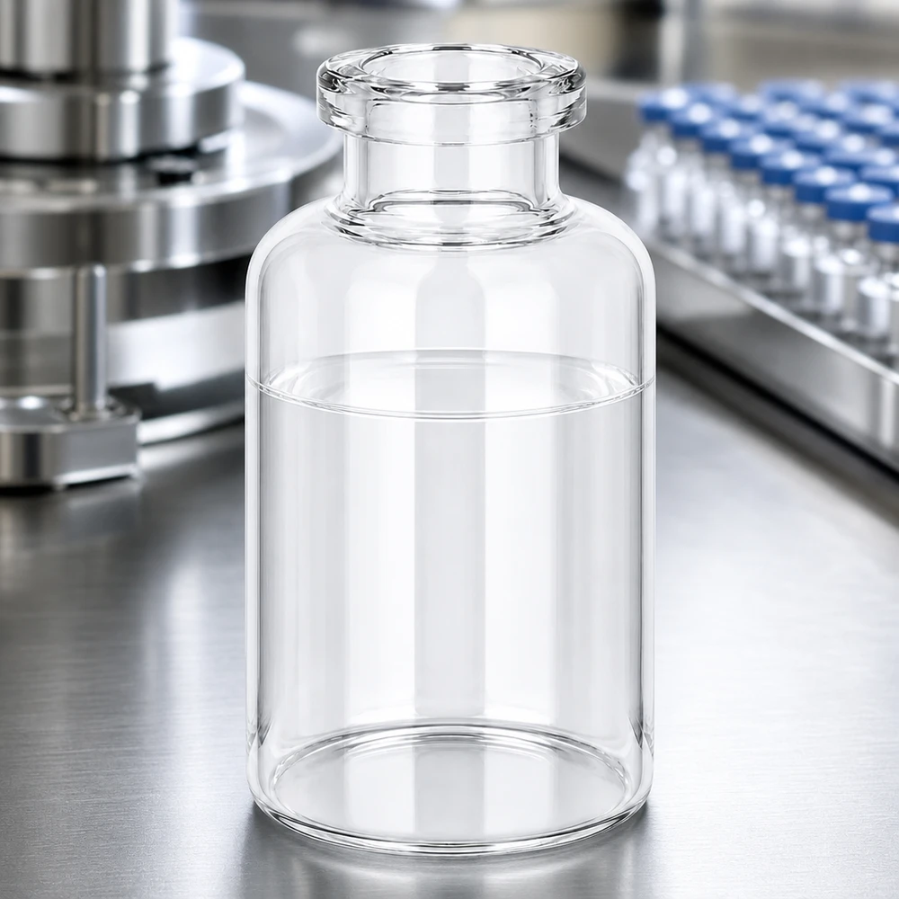 Butelka iniekcyjna z przezroczystego szkła 30 ml Medizinische Injektionsflasche Klarglas 30ml neben befüllten Blaukapsel-Vials in Produktionsanlage