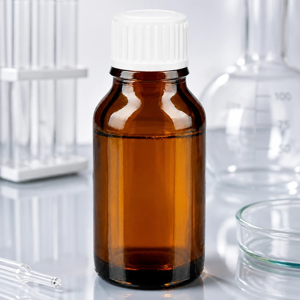 Butelka apteczna brązowa 30ml zakrętka biała szt. Mała brązowa buteleczka na leki o pojemności 30 ml z białym standardowym zamknięciem w środowisku laboratoryjnym