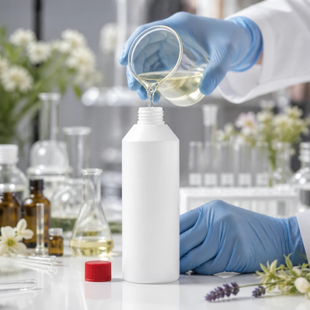 Biała butelka apteczna z HDPE o pojemności 250 ml z czerwonym znakiem SV jest napełniana płynem z szklanego kubka