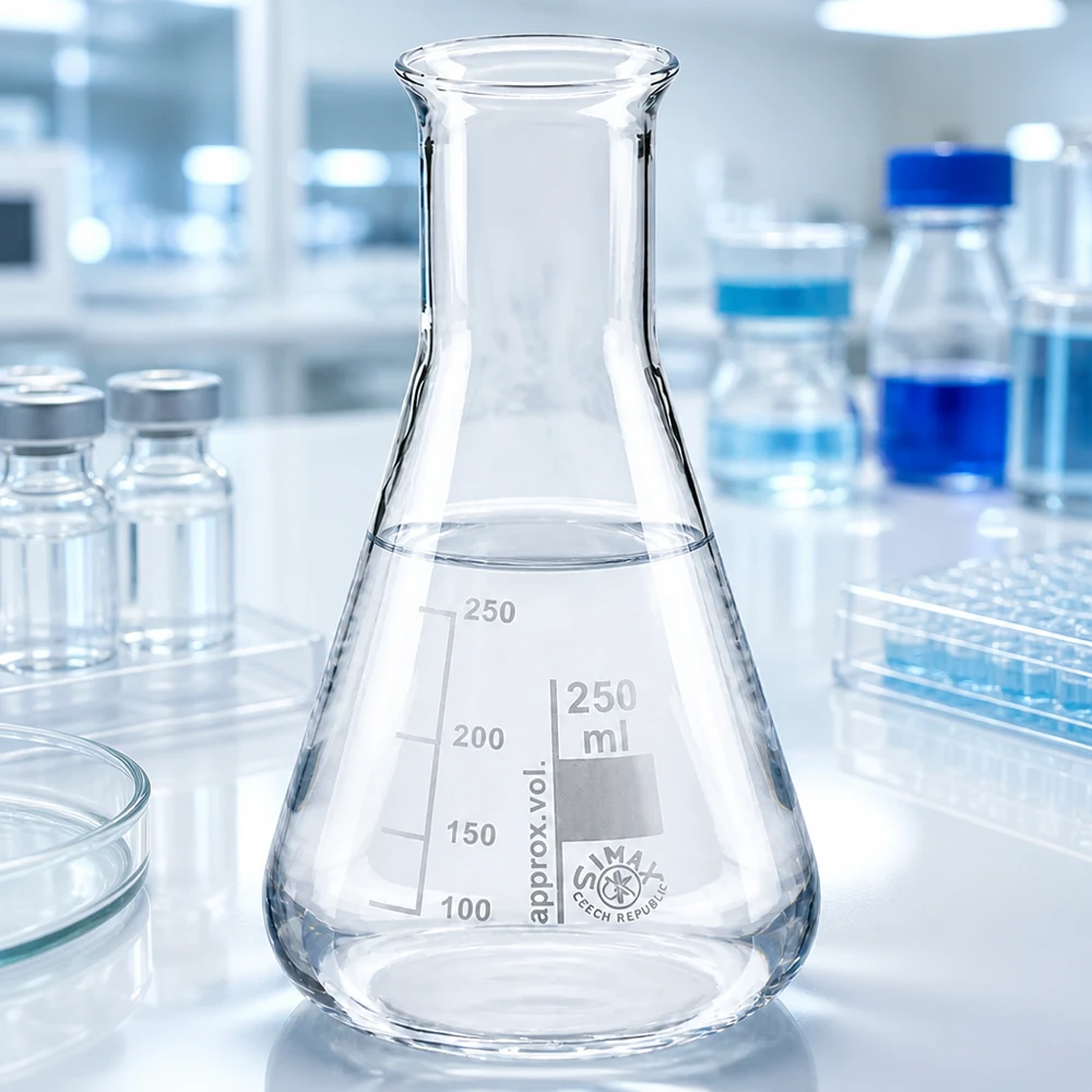 Kolba laboratoryjna o pojemności 250 ml z wąską szyjką i dziobkiem ułatwiającym dekantację płynów