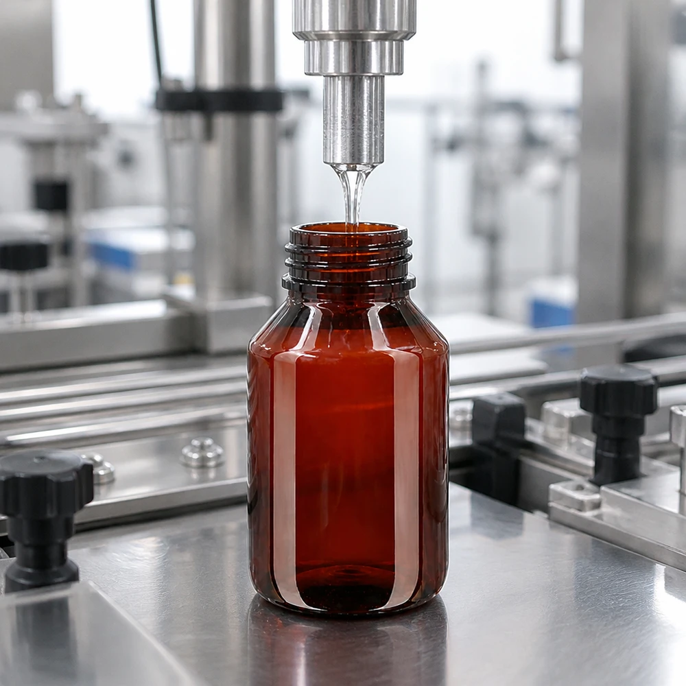 Butelka PET 50 ml z białą nakrętką typu flip-top. Linia rozlewnicza napełnia przemysłowo bursztynowe butelki PET o pojemności 50 ml z białymi nakrętkami typu flip-top