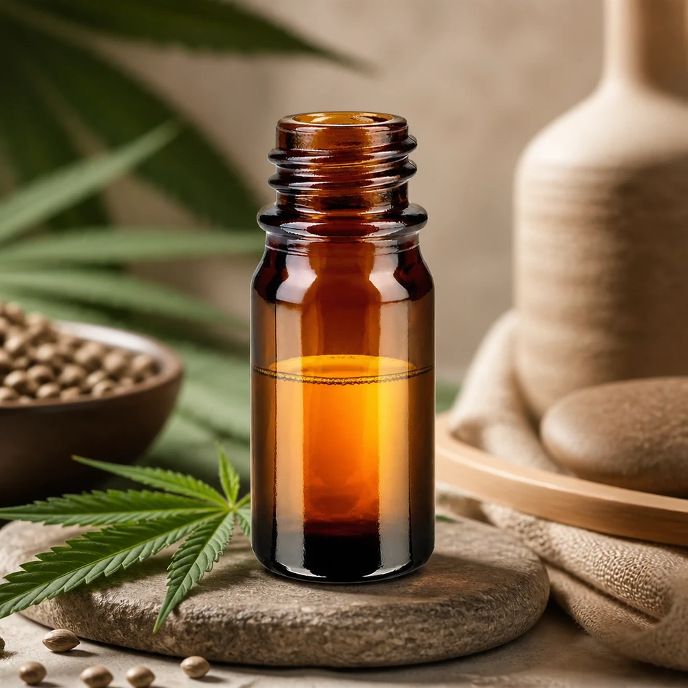 5 ml brązowa butelka apteczna ApoGlas z liśćmi konopi i bambusową dekoracją na olej CBD