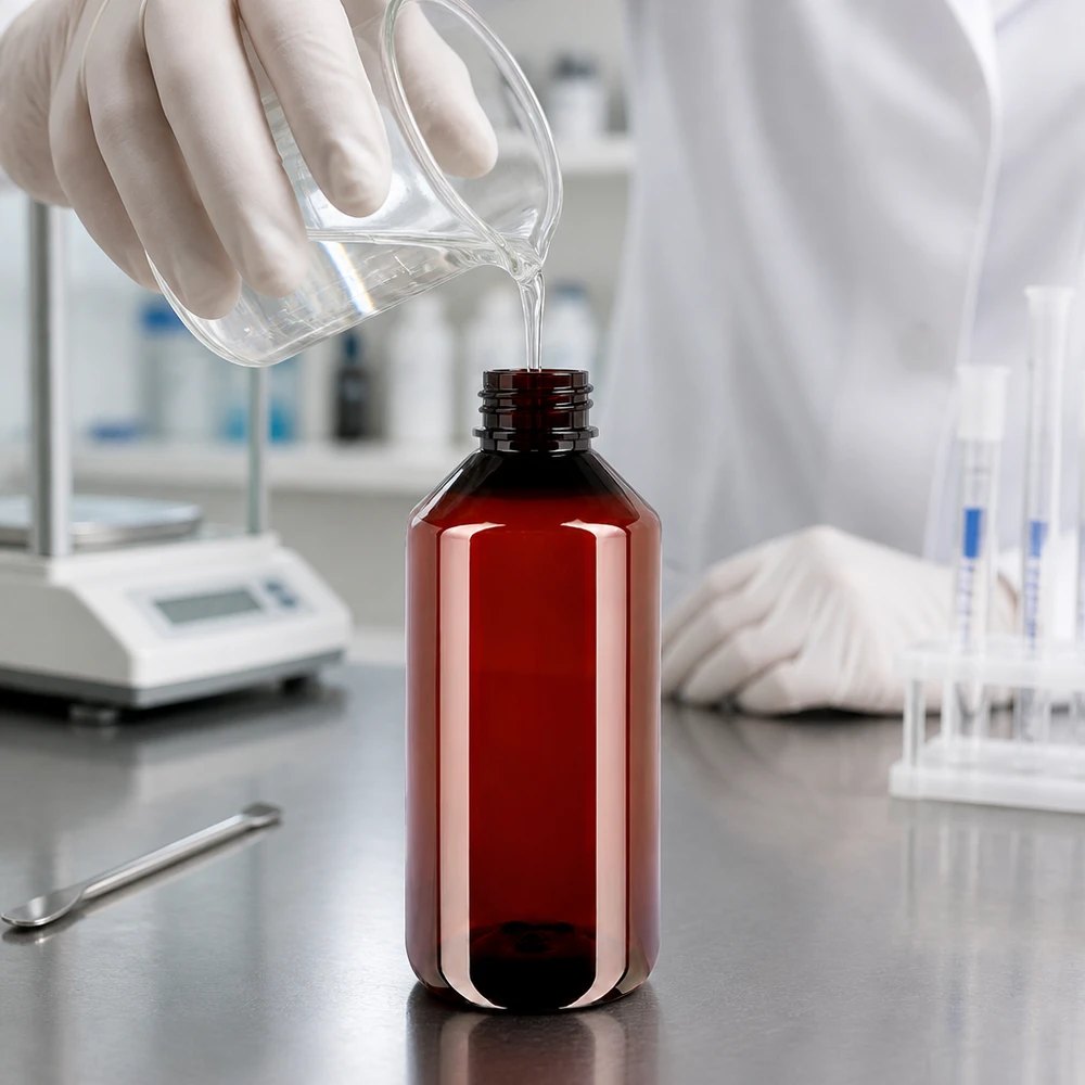 Laborant napełnia przezroczystą cieczą brązową butelkę PET o pojemności 750 ml z zakrętką