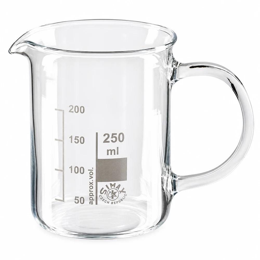 Zlewka 250 ml ze szkła borokrzemowego, z uchwytem Szklanka o pojemności 250 ml, wykonana ze szkła borokrzemowego, z uchwytem i skalą mililitrową na białym tle
