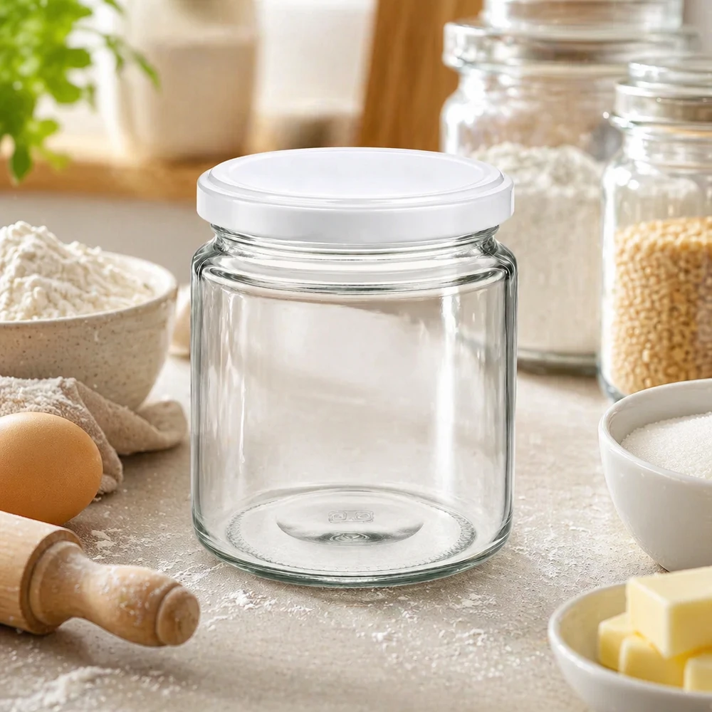 250 ml pusty słoik na miód z białą pokrywką UNiTWIST w kuchni pomiędzy mąką, jajkami i przyborami do pieczenia