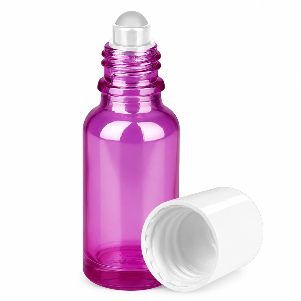 Butelka roll-on 20 ml z białą standardową zakrętką PurpleLine UT18/20 Fioletowa szklana butelka roll-on o pojemności 20 ml z metalowym aplikatorem kulkowym do precyzyjnego nakładania olejków