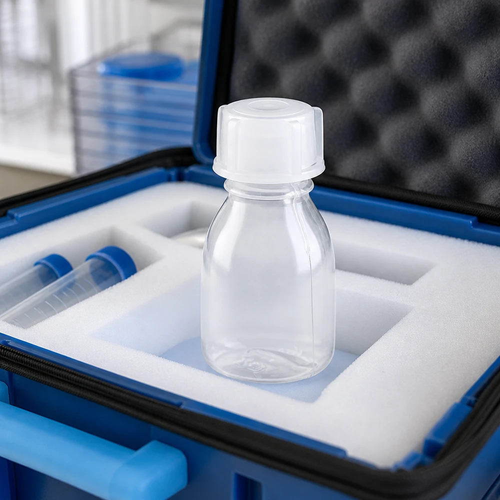 Butelka zakręcana 10 ml, butelka laboratoryjna z wąską szyjką Butelka z wąską szyjką i zakrętką o pojemności 10 ml w niebieskiej walizce transportowej z wkładką z pianki zapewniającą bezpieczną wysyłkę