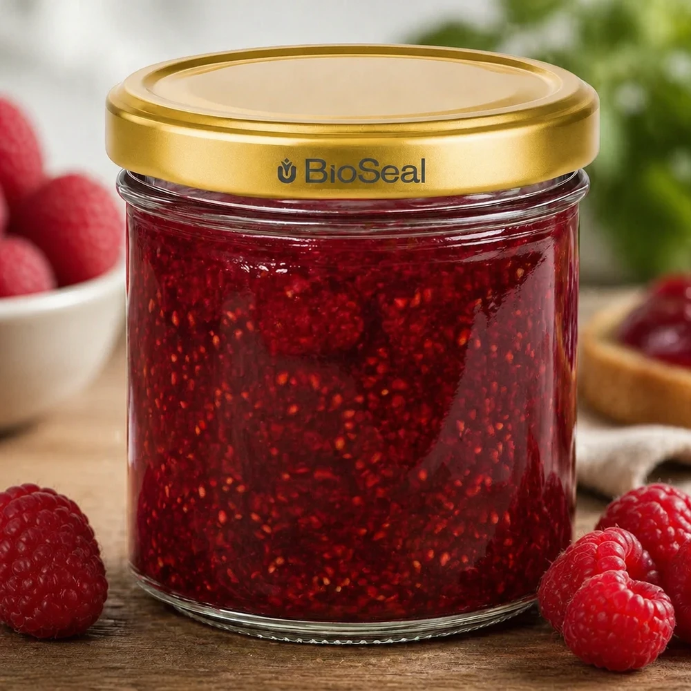 Słoik na dżem BioSeal 200 g wypełniony dżemem malinowym otoczonym świeżymi malinami na drewnianej podstawie