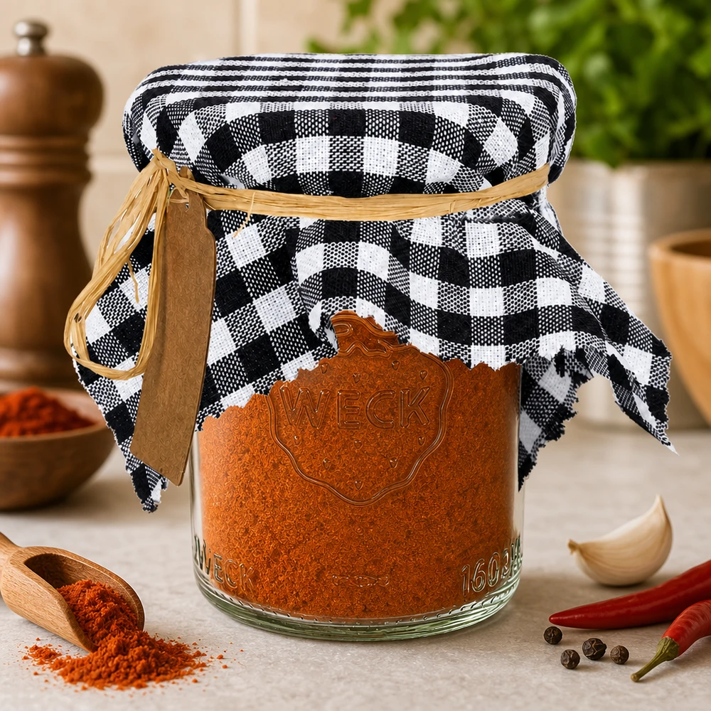 Czarno-biała serwetka w kratkę z przyprawą paprykową w słoiku do przetworów Dekoracja kuchenna z chili i czosnkiem 15 cm kwadratowa