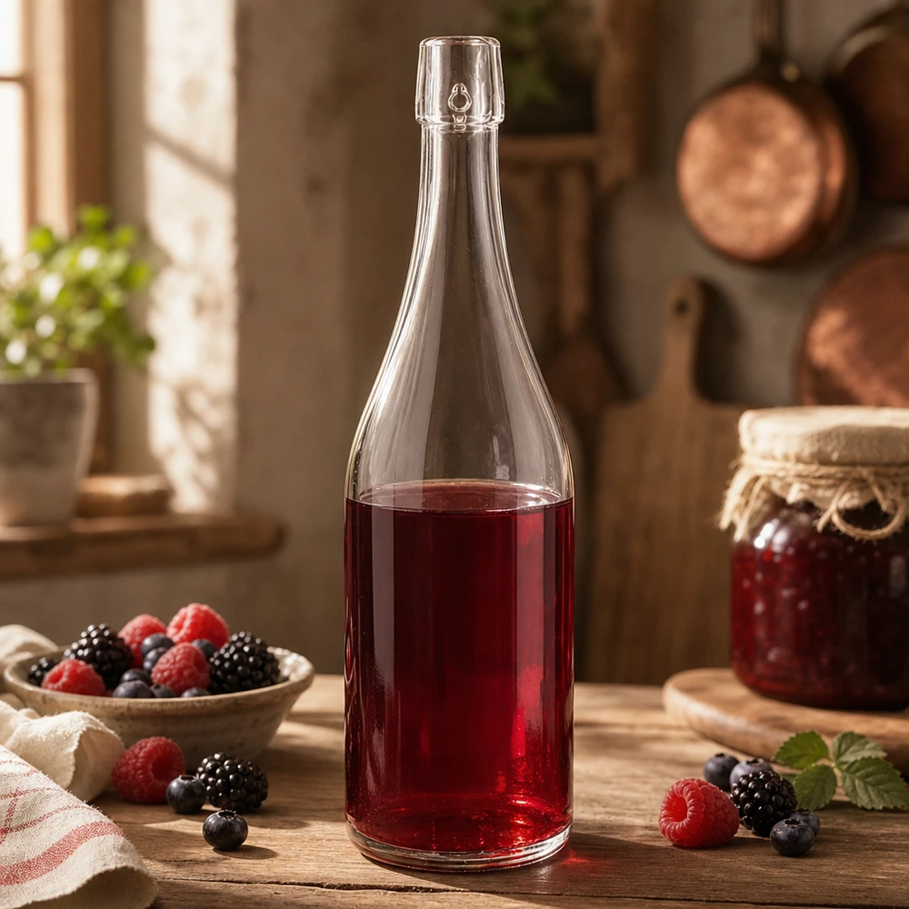 Butelka szklana 750 ml bez zamknięcia typu UNiTWIST 750ml szklana butelka UNiTWIST wypełniona sokiem jagodowym rustykalna kuchnia jagody maliny jeżyny Aplikacja
