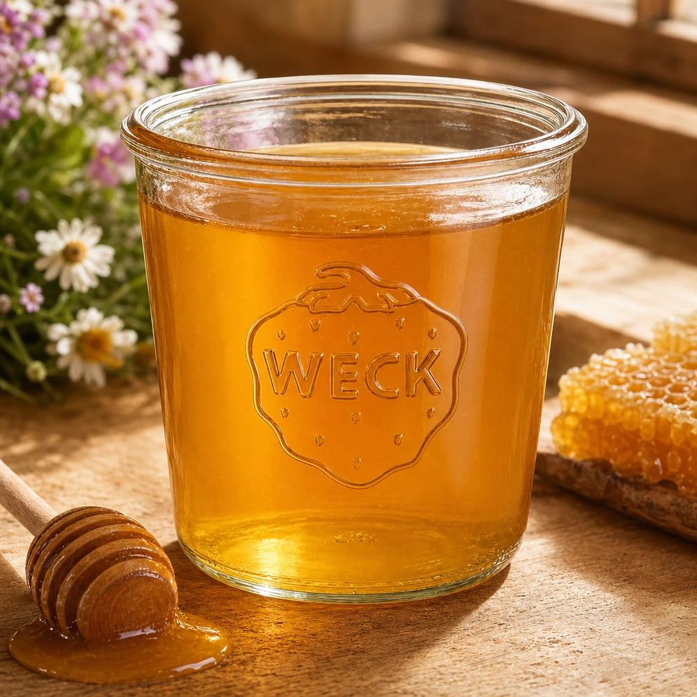 Kubki o pojemności 580 ml WECK RR100 Słoik Weck 580ml RR100 wypełniony miodem na drewnianym stole z łyżką do miodu i słoikiem do przechowywania plastra miodu