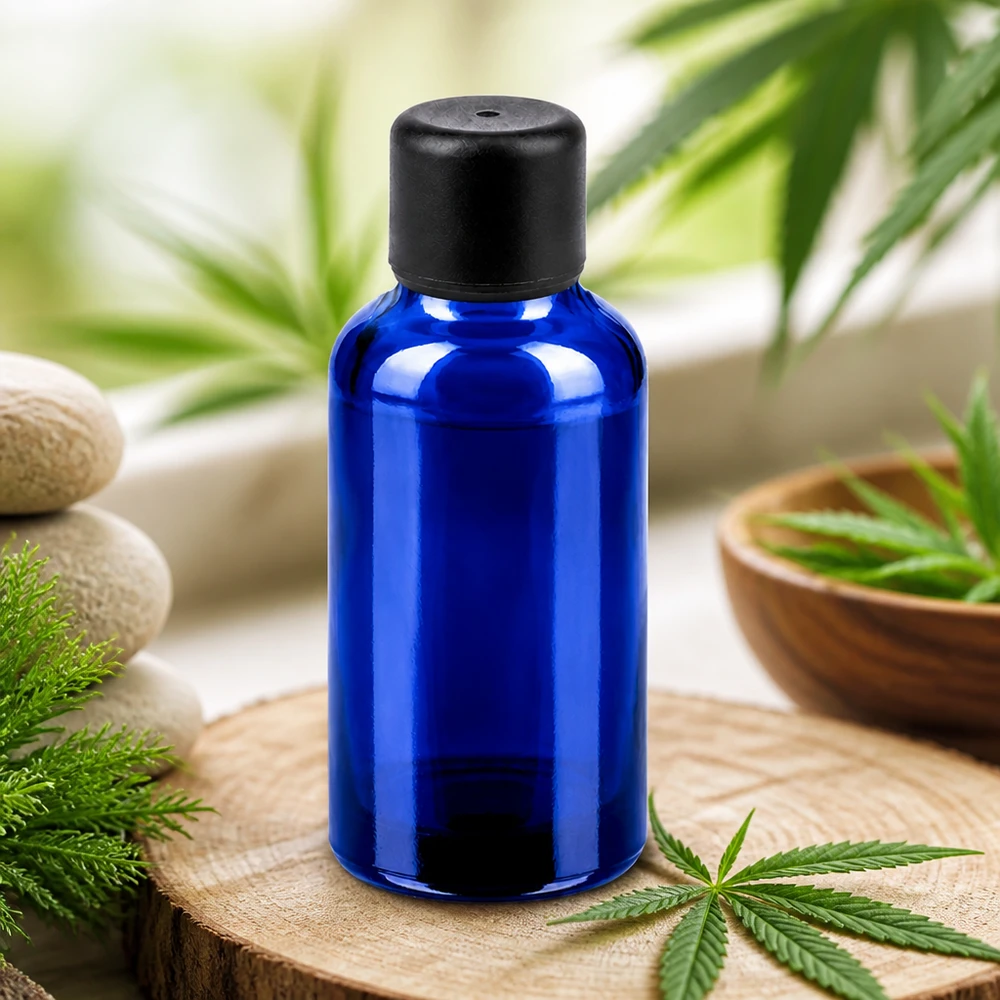 Butelka z zakraplaczem o pojemności 30 ml wykonana z wysokiej jakości szkła kobaltowego z precyzyjną nasadką do dozowania.