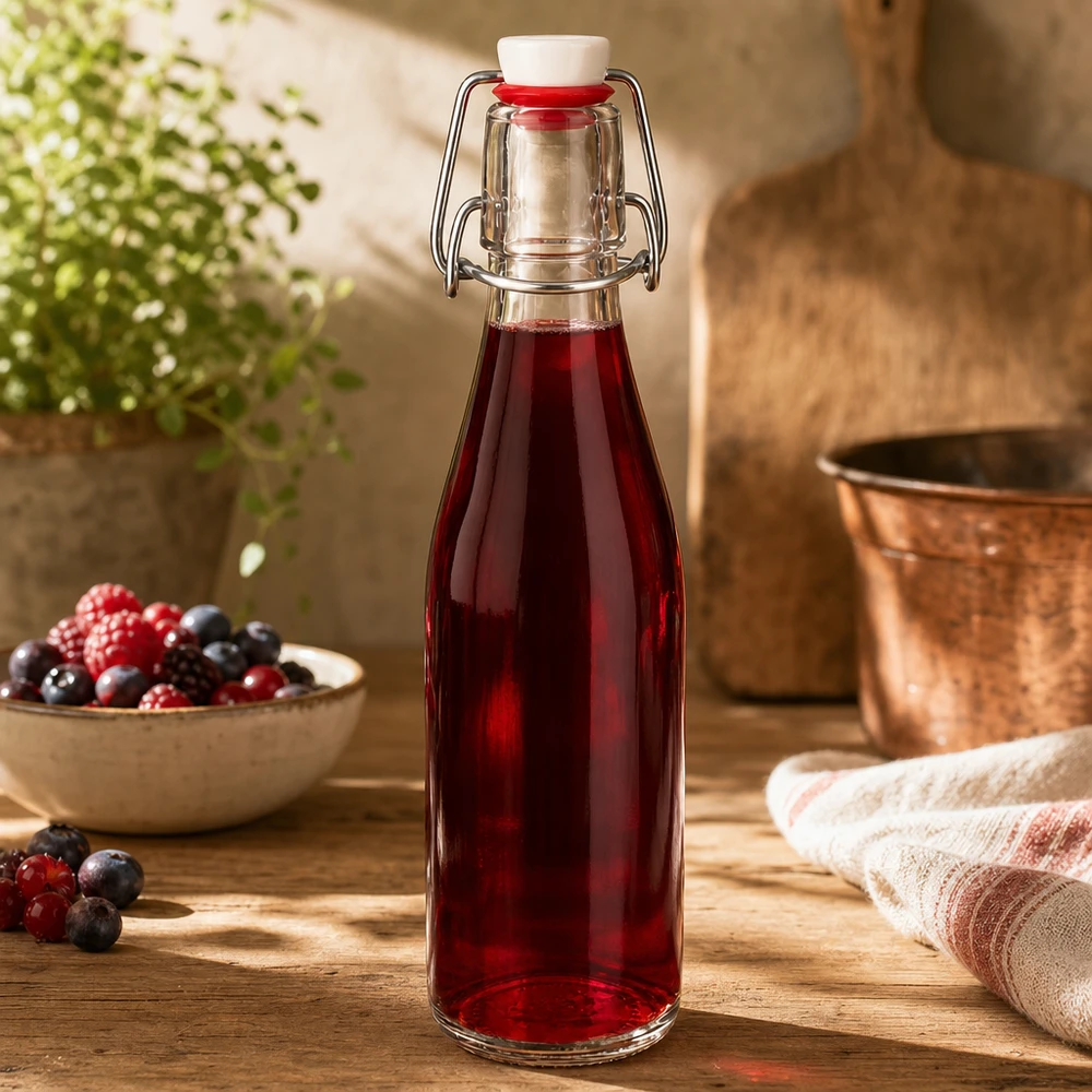 250ml Glasflasche mit Bügelverschluss gefüllt mit rotem Beerensaft, dekoriert mit frischen Beeren in rustikaler Küche