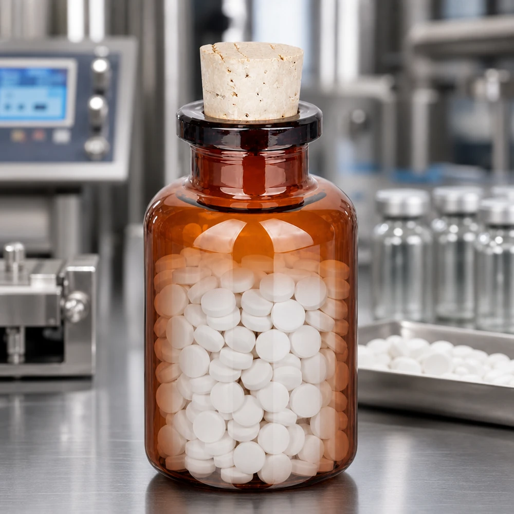 Butelka z bursztynowego szkła 20 ml z korkiem 11/14 mm Kompakte Braunglasflasche mit Naturkorken 11/14mm zur Tablettenlagerung im Labor