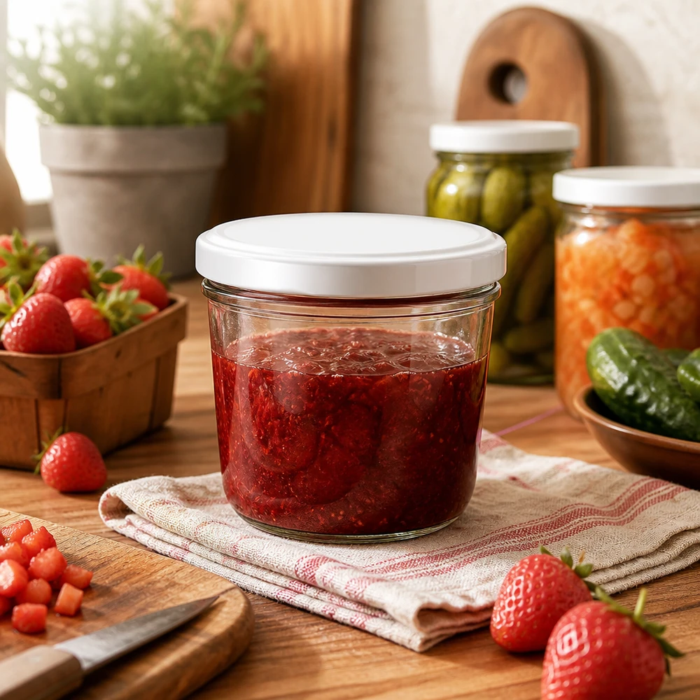 Słoik 230 ml z pokrywką BasicSeal w kolorze białym UN.. Słoik o pojemności 230 ml z dżemem truskawkowym w przytulnej kuchni - idealny słoik do przechowywania domowych dżemów