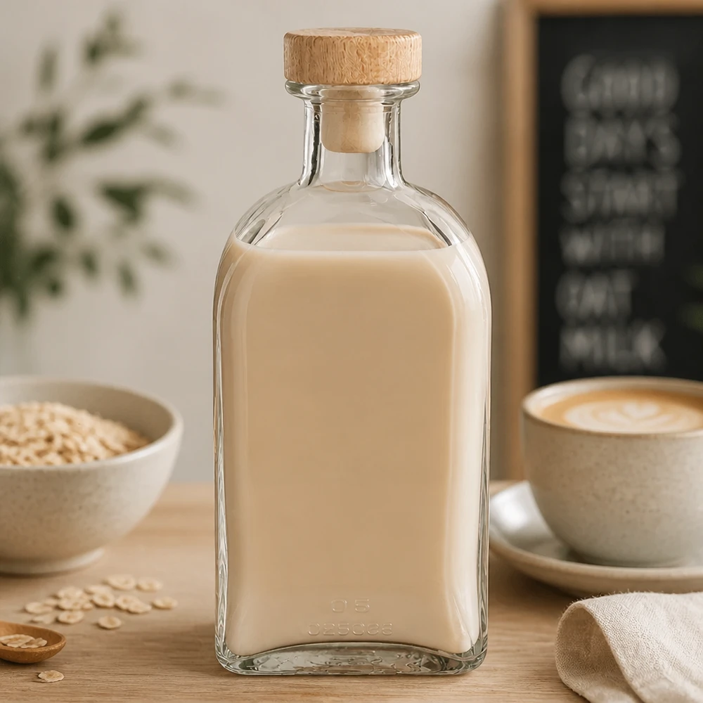 500 ml szklana butelka Julia z drewnianym korkiem wypełniona mlekiem owsianym w kuchni obok filiżanki kawy i płatków owsianych