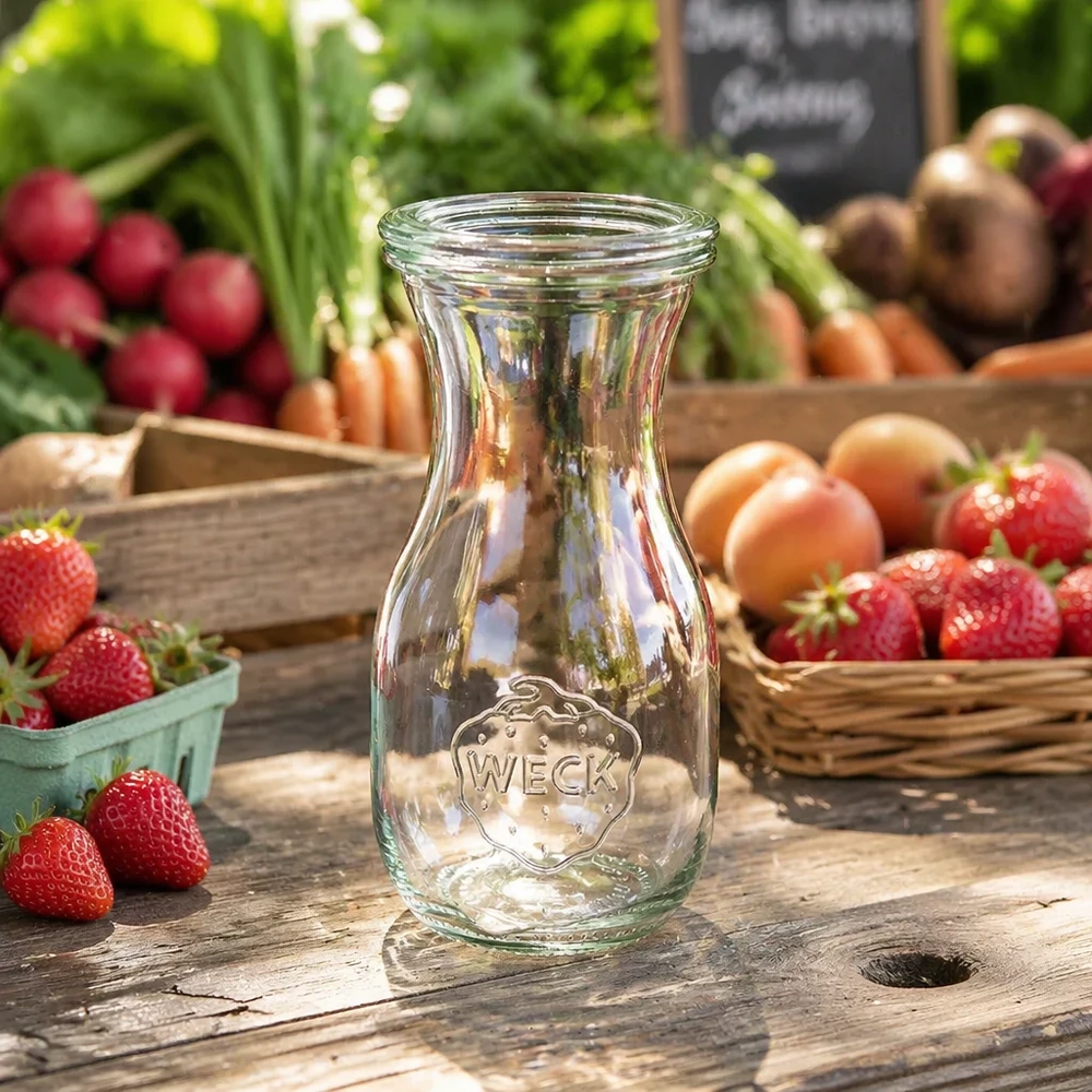 Butelka na sok o pojemności 290 ml z szklaną pokrywką WECK RR60 Butelka soku WECK 290ml RR60 przezroczysta na rustykalnym drewnianym stole między świeżymi truskawkami, rzodkiewkami i warzywami