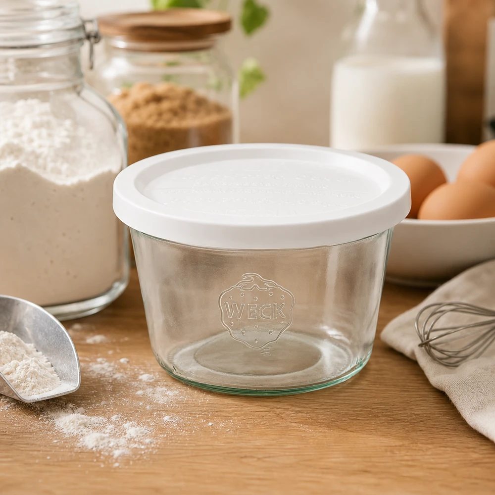 Słoik WECK 370ml RR100 z pokrywką do przechowywania mąki, jajek, mleka i przyborów kuchennych.