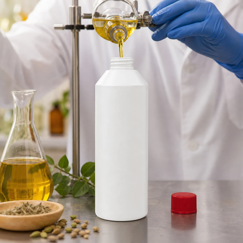 Butelka apteczna HDPE 250ml biała, z czerwonym SV Biała butelka apteczna o pojemności 250 ml z HDPE jest napełniona żółtym olejem z butelki laboratoryjnej; czerwona nakrętka jest otwarta