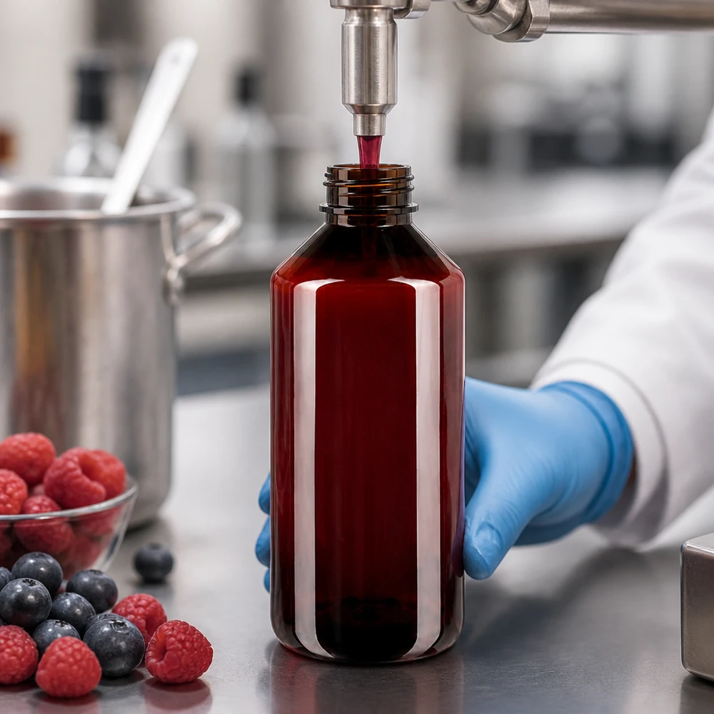 Butelka PET 1000 ml z białym standardem OV Napełnianie brązowej butelki PET o pojemności 1000 ml czerwonym sokiem jagodowym w profesjonalnym zakładzie produkcji żywności