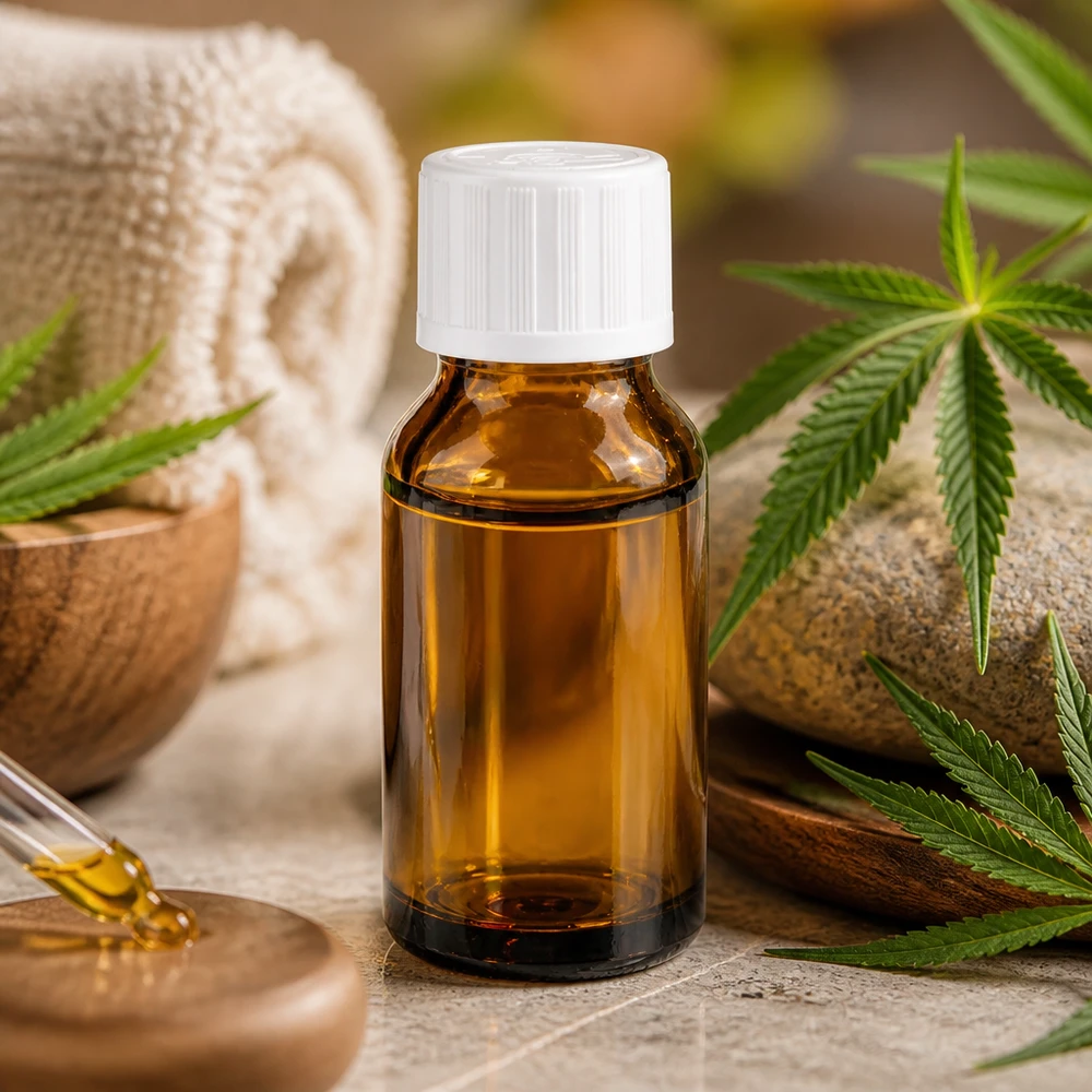 Olejek CBD w bursztynowej buteleczce z zakraplaczem o pojemności 30 ml, z białym zamknięciem zabezpieczającym przed dziećmi i motywem liści konopi