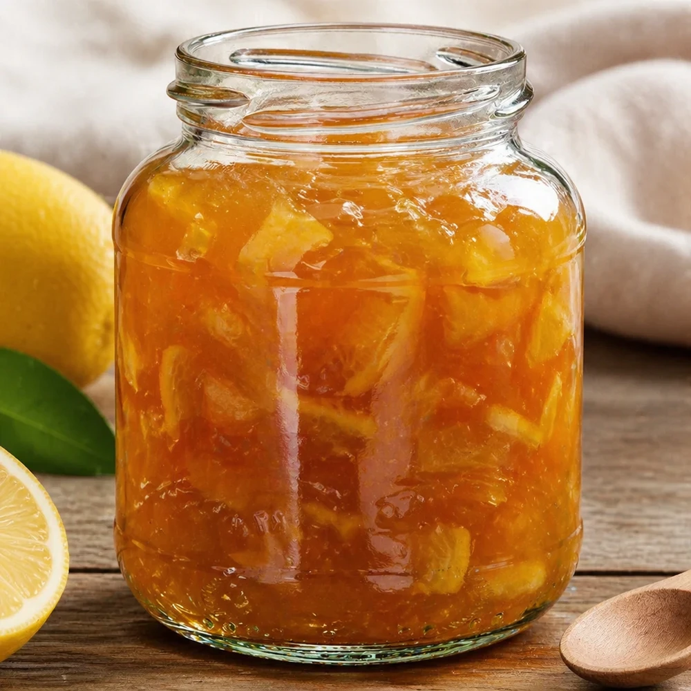 UNiTWIST Oval370 słoik na dżem 370ml wypełniony marmoladą pomarańczową obok cytryny na drewnianej podstawie