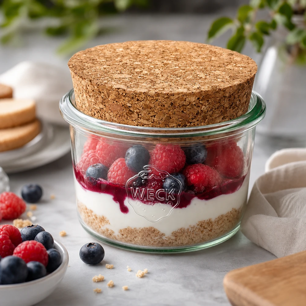 Tumbler 80ml WECK RR60 z korkiem naturalny Kieliszki WECK 80ml RR60 z korkiem jako słoiczek do deseru jagodowego tiramisu idealnie porcjowany