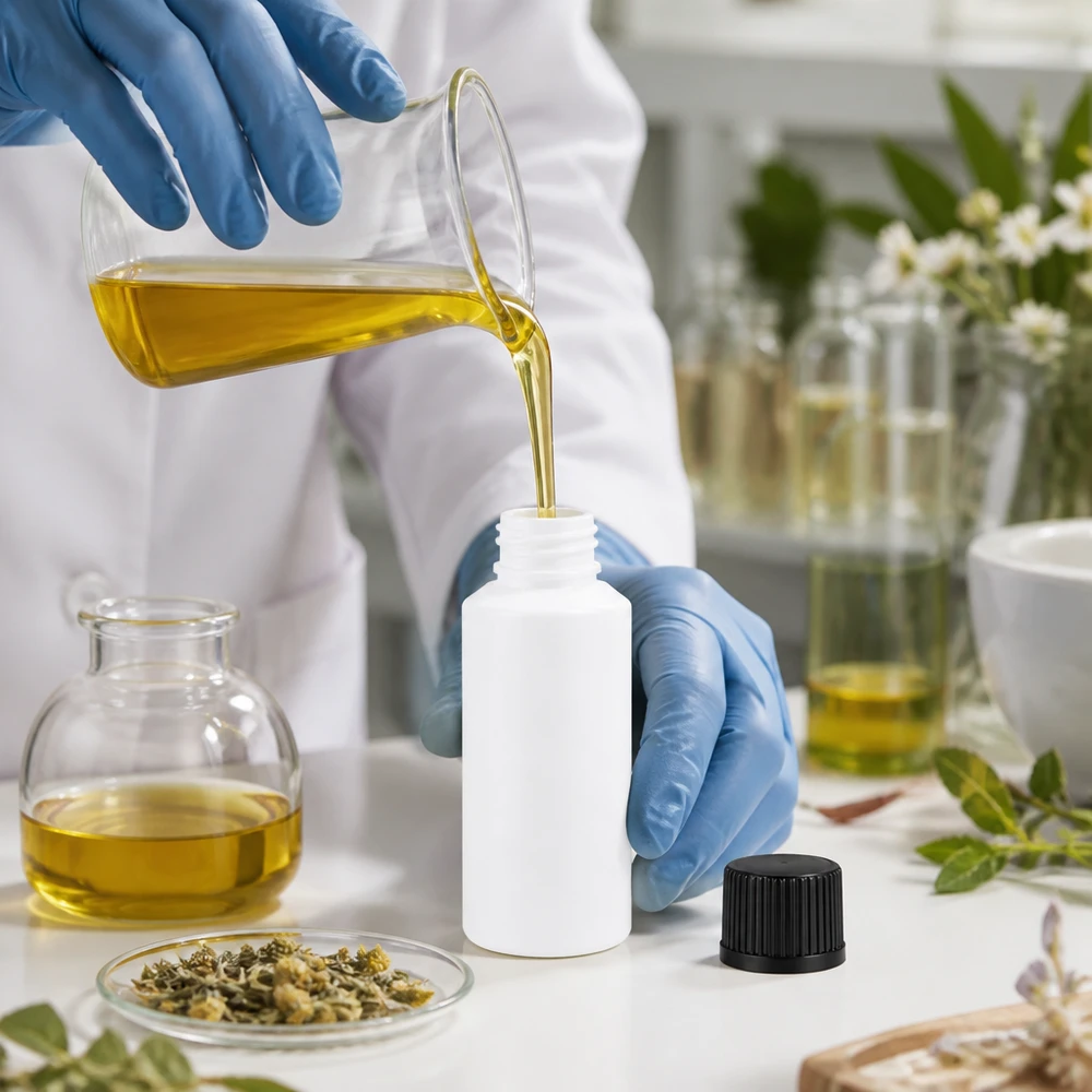 Laborant napełnia białą plastikową butelkę o pojemności 30 ml z czarnym zamknięciem olejkiem eterycznym