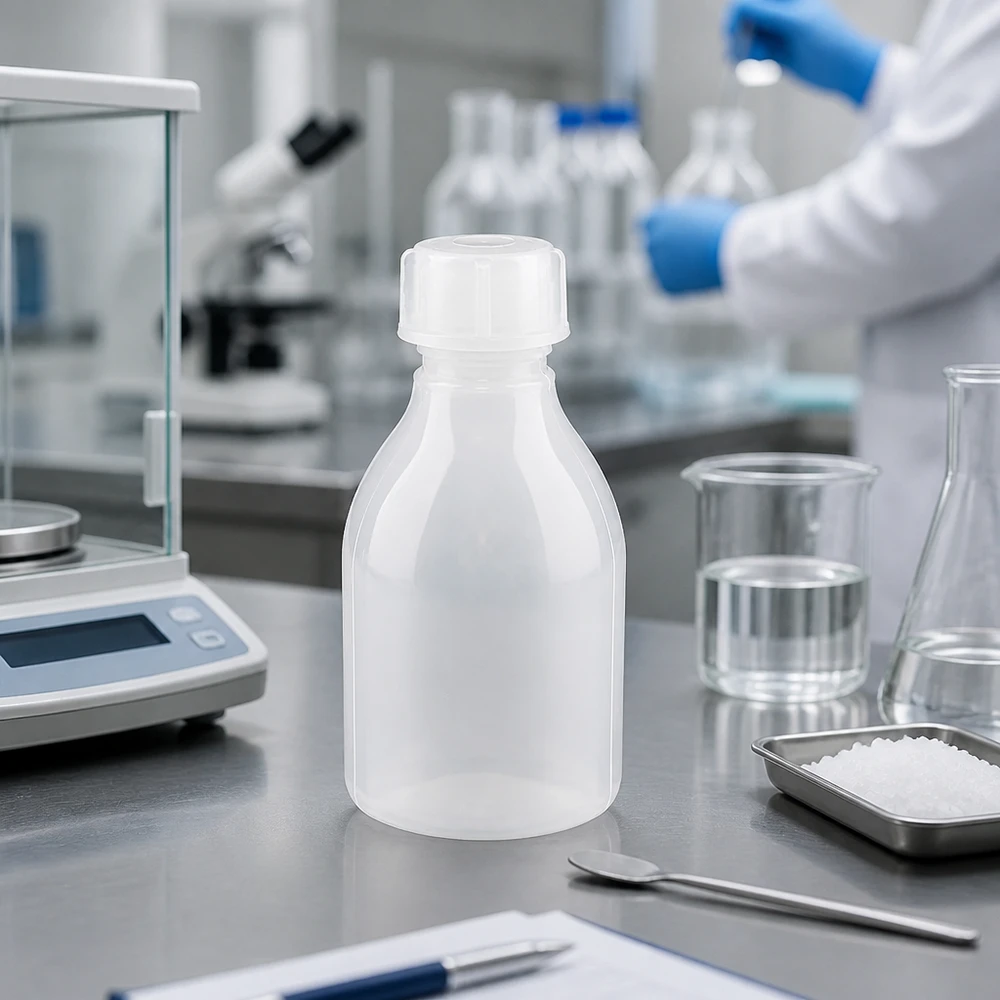 Butelka laboratoryjna o wąskiej szyjce o pojemności 30 ml, wykonana z HDPE, stojąca na wadze laboratoryjnej obok zlewki i kolby Erlenmeyera
