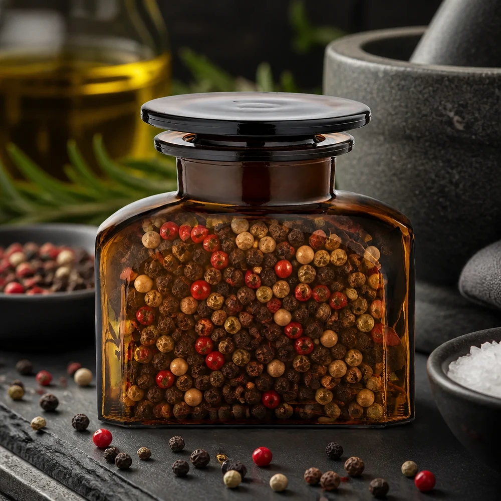 Pomysł na słoik na przyprawy: kwadratowa butelka aptekarska 150 ml z szeroką szyjką Brązowa szklana butelka aptekarska o pojemności 150 ml, wypełniona kolorową mieszanką pieprzu, obok moździerza i oleju