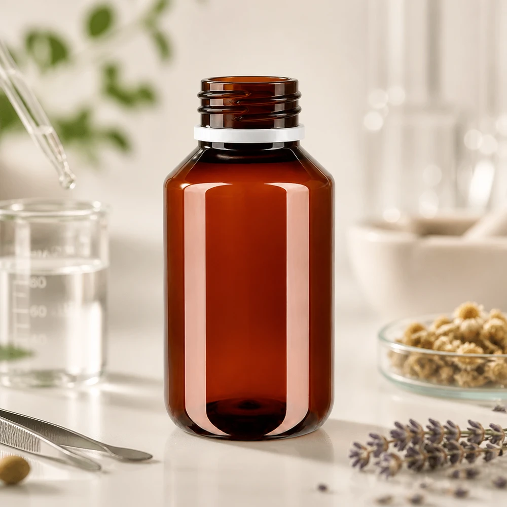 Brązowa butelka PET o pojemności 50 ml z białym, żłobkowanym opakowaniem zewnętrznym na białym tle, obok lawendy i ziół