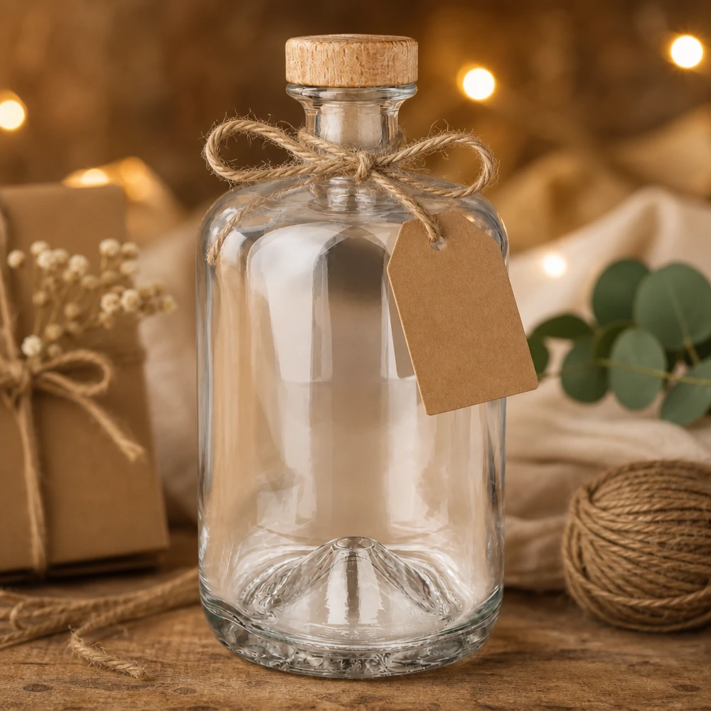 Butelka apteczna 700 ml Sofia z drewnianym korkiem UNiTWIST® Szklana butelka Sofia o pojemności 700 ml z korkiem i przywieszką prezentową w rustykalnej dekoracji z juty i lampek choinkowych.