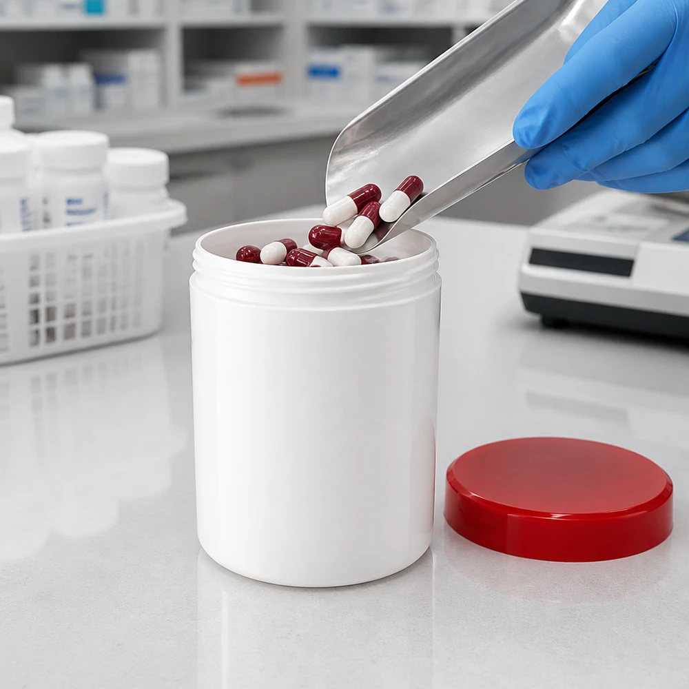 Słoik na maść 100g biały z czerwoną zakrętką (PP) Farmaceuta napełnia biały słoik na maść o pojemności 100 g, wykonany z PP, z czerwoną zakrętką, kapsułkami
