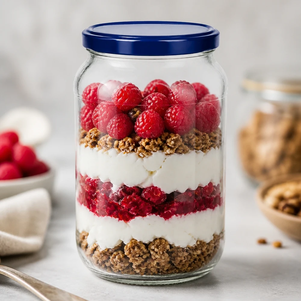 1062 ml okrągły słoik z pokrywką BasicSeal niebieski UNiTWIST deser parfait deser warstwowy deser jogurt jagody deser granola