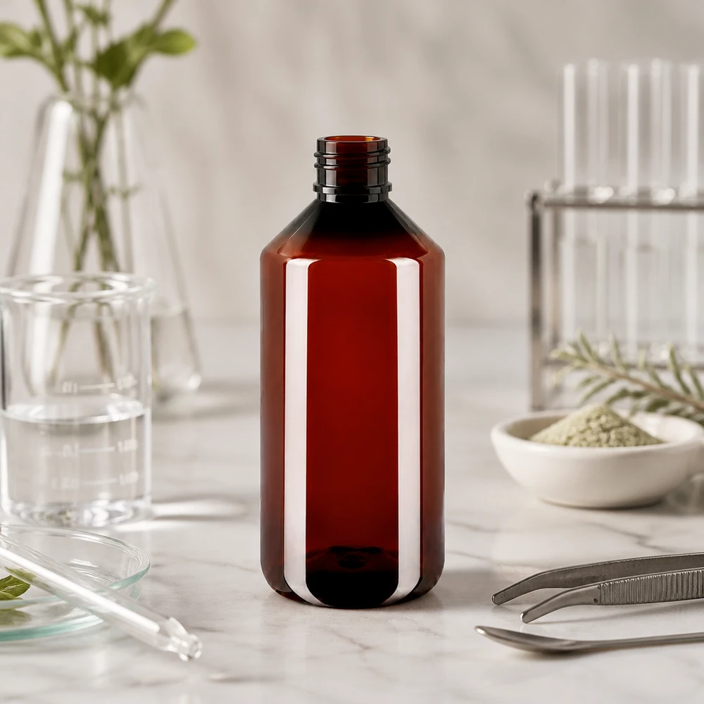 Okrągła butelka PET o pojemności 1000 ml, brązowa, chroniąca przed światłem, z zamknięciem zabezpieczającym przed manipulacją, przeznaczona do zastosowań laboratoryjnych
