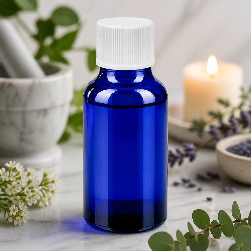 Butelka 20 ml 11 mm SV biała STD BlueLine UT18/20 Kompaktowa szklana butelka BlueLine 20 ml ze standardowym gwintem 11 mm i białą zakrętką do esencji
