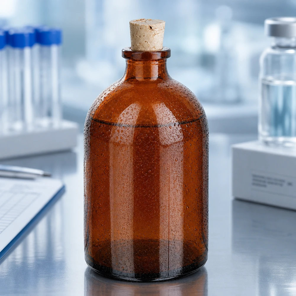 Butelka z bursztynowego szkła 100 ml z korkiem 11/14 mm Robuste Reagenzflasche 100ml aus braunem Borosilikatglas mit traditionellem Korkstopfen