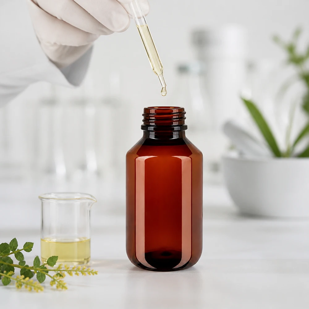 Brązowa butelka z tworzywa sztucznego o pojemności 100 ml z pipetą w laboratorium farmaceutycznym