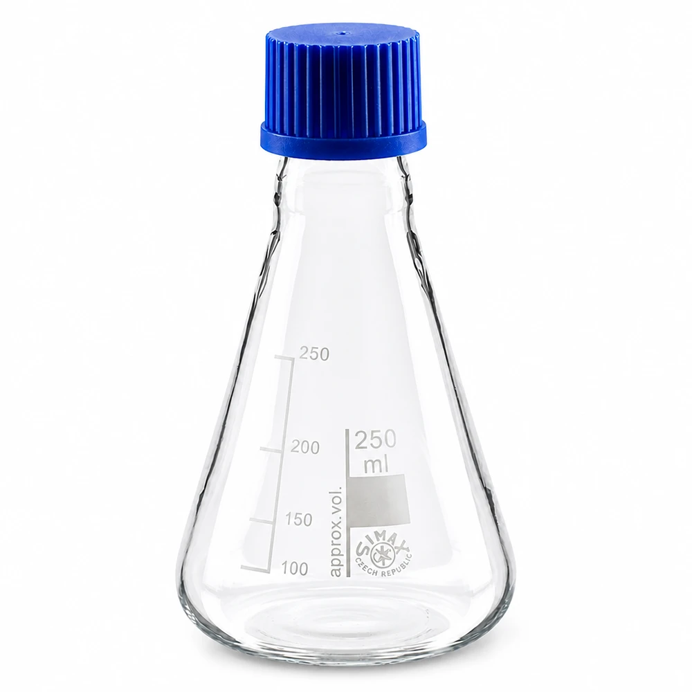 Kolba stożkowa Erlenmeyera 250 ml z podziałką i niebieskim korkiem do precyzyjnych pomiarów