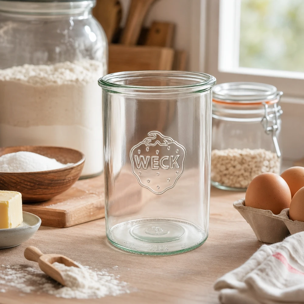 Słoik 1000ml WECK RR100 z logo w rustykalnej kuchni ze składnikami do pieczenia i jajkami