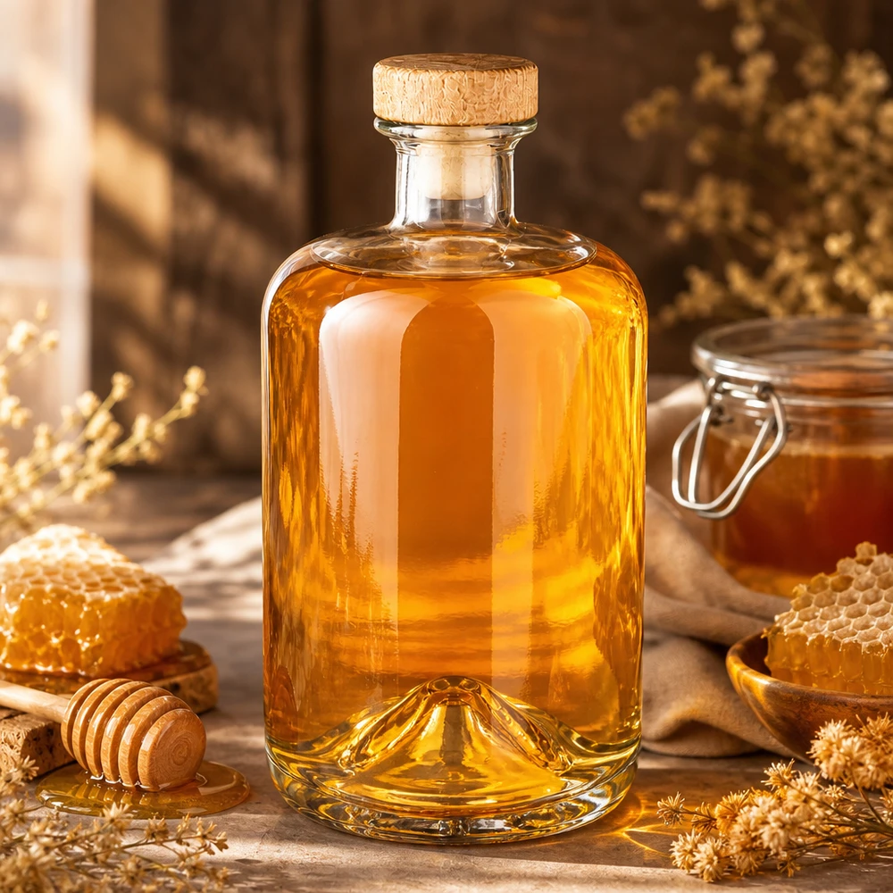 Butelka apteczna 700 ml Sofia z drewnianym korkiem UNiTWIST® 700ml Glasflasche Sofia mit Naturkorken gefüllt mit goldgelber Flüssigkeit umgeben von Honigwaben und Trockenblumen