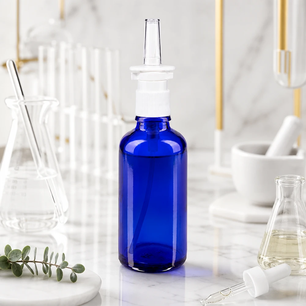 Butelka apteczna niebieska 50ml atomizer do nosa biały St Niebieska szklana buteleczka apteczna o pojemności 50 ml z przezroczystą końcówką rozpylającą w otoczeniu laboratoryjnym