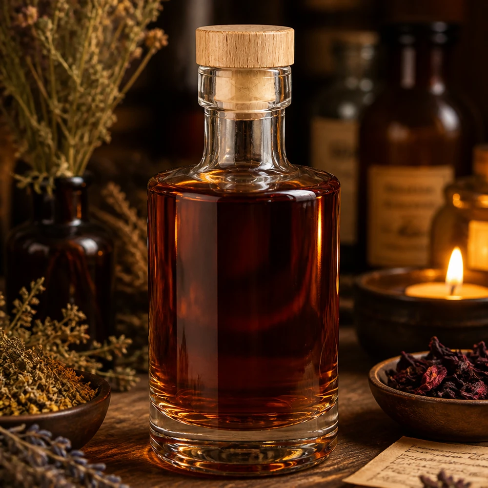 Szklana butelka Marie o pojemności 200 ml z bursztynowym płynem, drewniany korek, rustykalna dekoracja ze świecą i ziołami