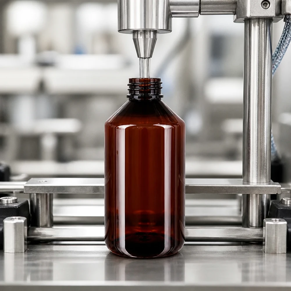 Butelka PET 750 ml z zieloną nakrętką OV Linia rozlewnicza napełnia brązowe butelki PET o pojemności 750 ml z zakrętką w produkcji farmaceutycznej