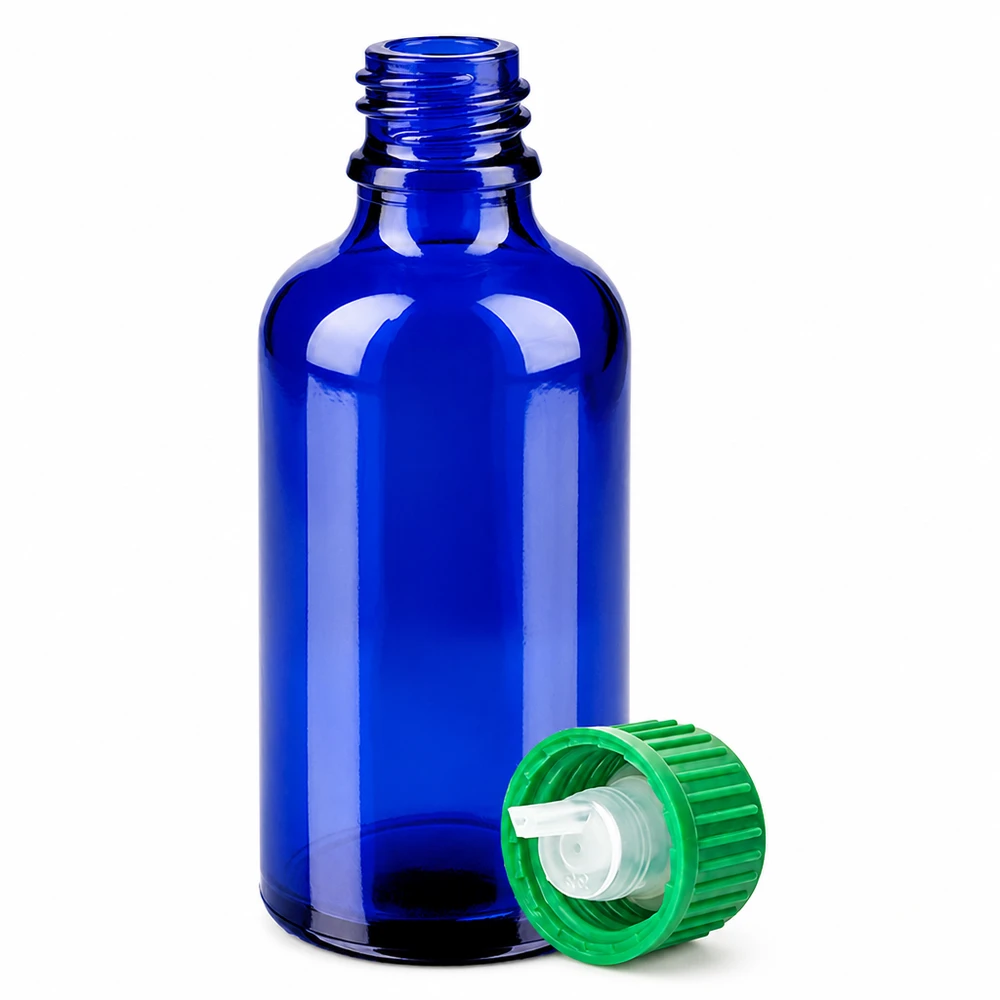 Butelka z kroplomierzem 50 ml 0,8 mm zielona STD BlueLine UT18/50 Niebieska szklana butelka 50 ml z zakraplaczem 0,8 mm do olejków eterycznych i nalewek